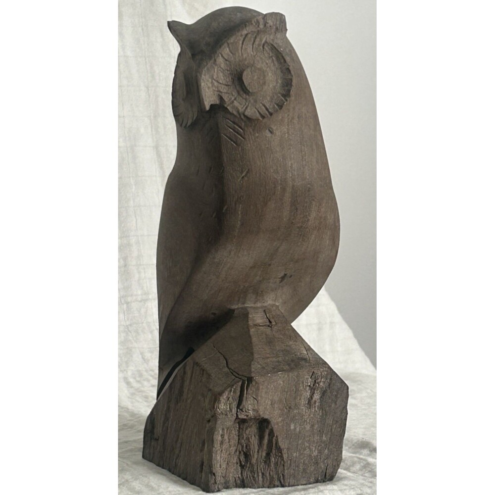 Vintage Hand Carved Owl MID CENTURY MODERN SOLID HEAVY WOOD FIGURINE 8"
